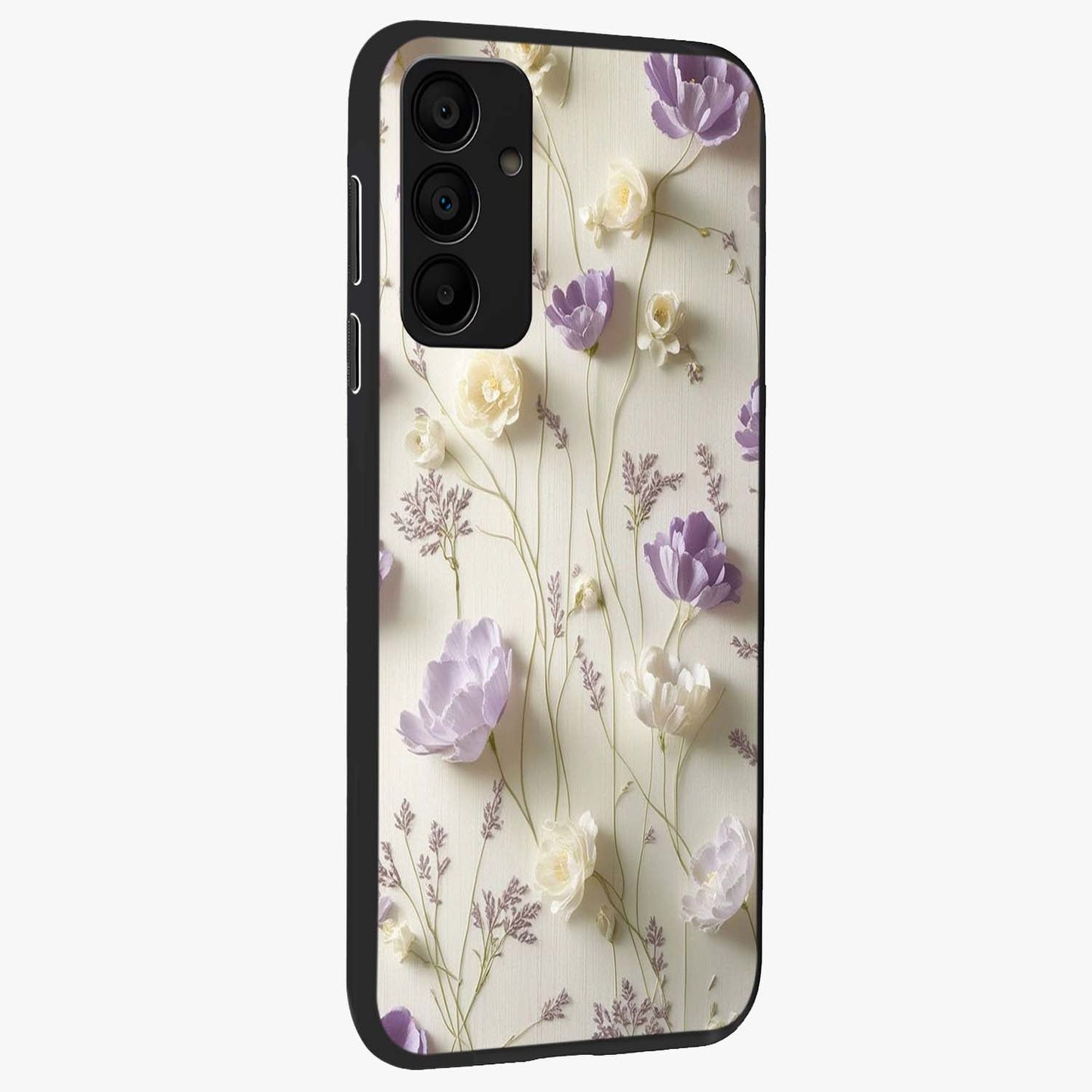 Lilac Breeze Harmony Glass Case upright view showcasing delicate lilac artwork with peaceful floral theme.
