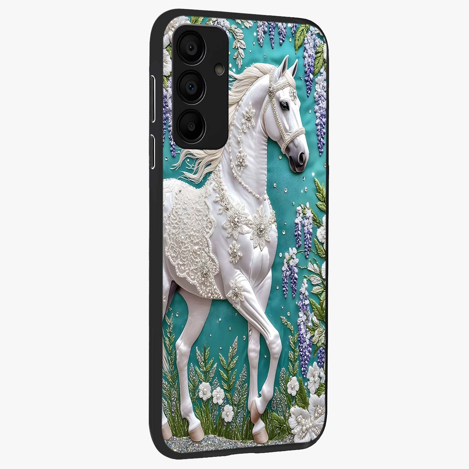 Majestic Floral Stallion Glass Case upright view showcasing dramatic horse artwork with decorative floral theme.
