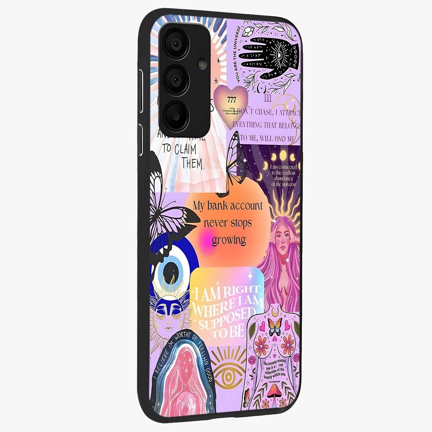 Manifestation Collage Glass Case upright view showcasing artistic manifestation themed artwork with creative style.