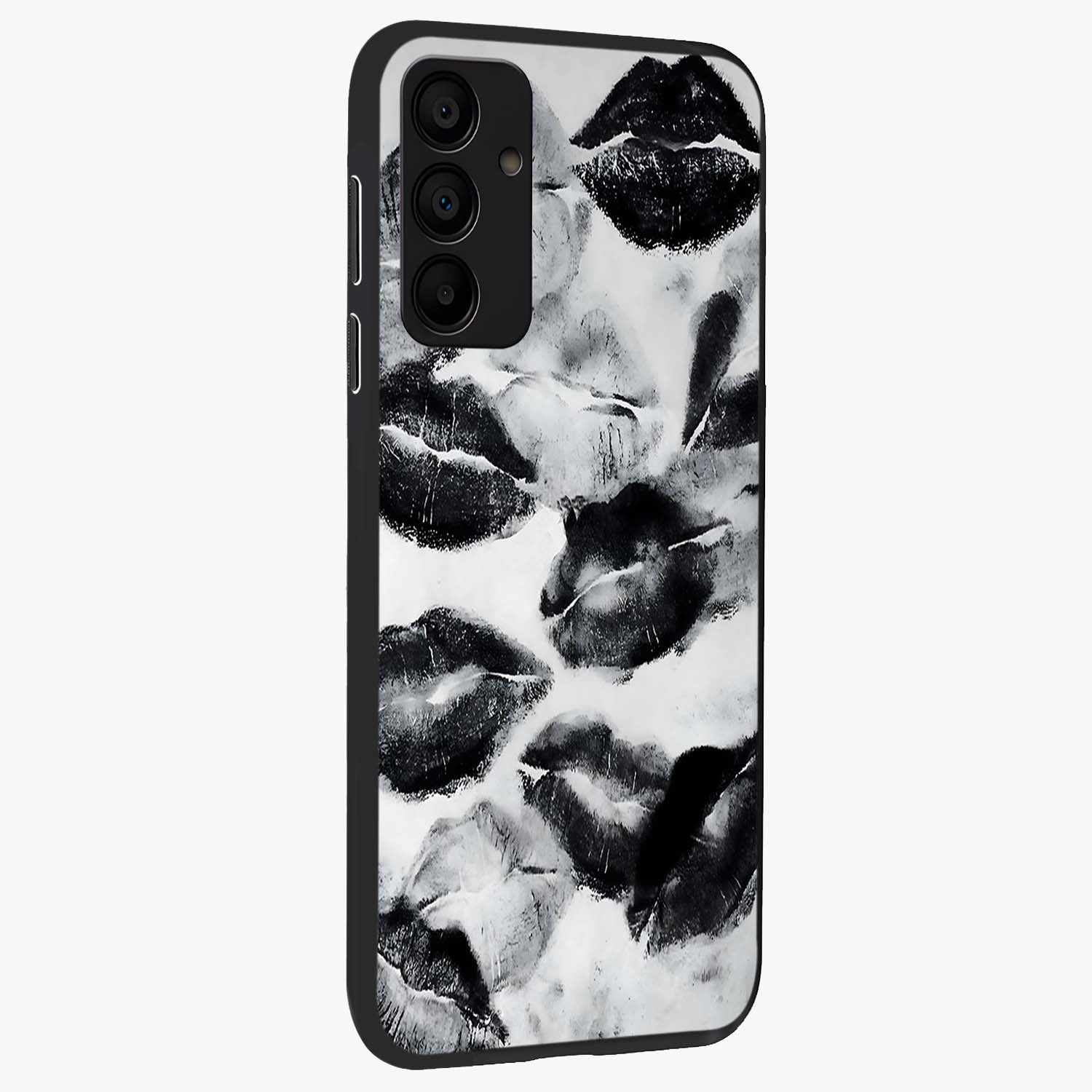 Midnight Kiss Marks Glass Case upright view showcasing stylish kiss mark artwork with trendy romantic theme.
