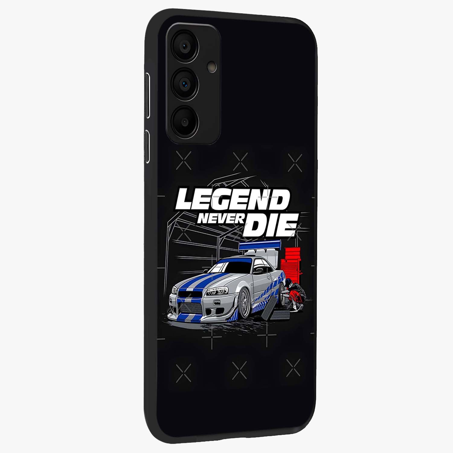 Midnight Racing Legacy Glass Case upright view showcasing powerful racing artwork with modern sports theme.