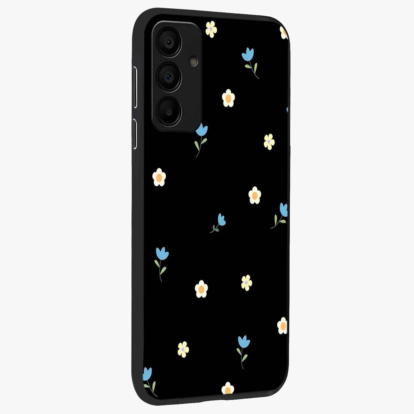 Minimal Petal Whispers Glass Case upright view showcasing elegant floral artwork with modern minimalist style.
