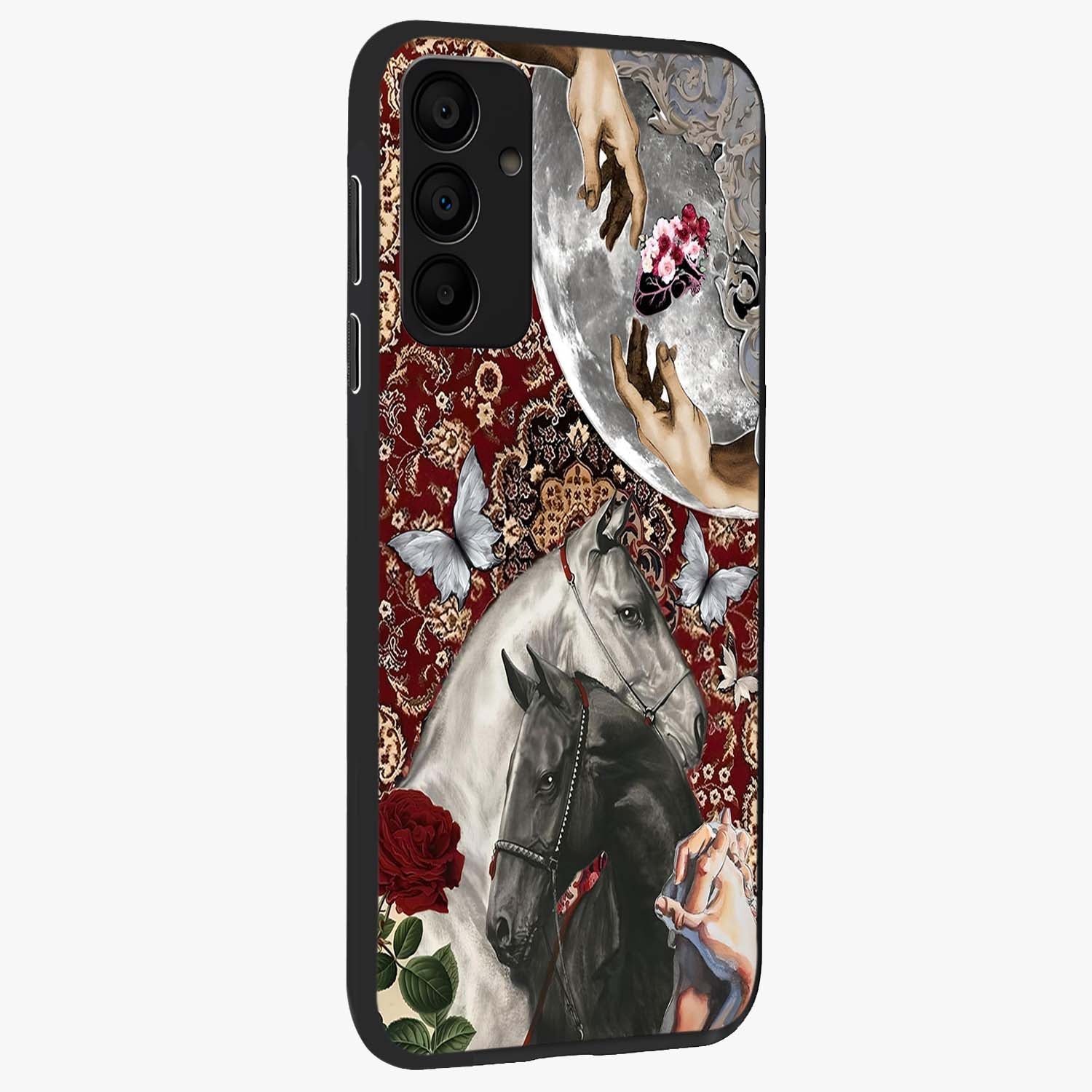 Moonlit Royal Stallion Glass Case upright view showcasing dramatic horse artwork with glowing moon themed design.