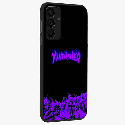 Neon Flame Riot Glass Case upright view showcasing dynamic flame artwork with energetic neon theme.