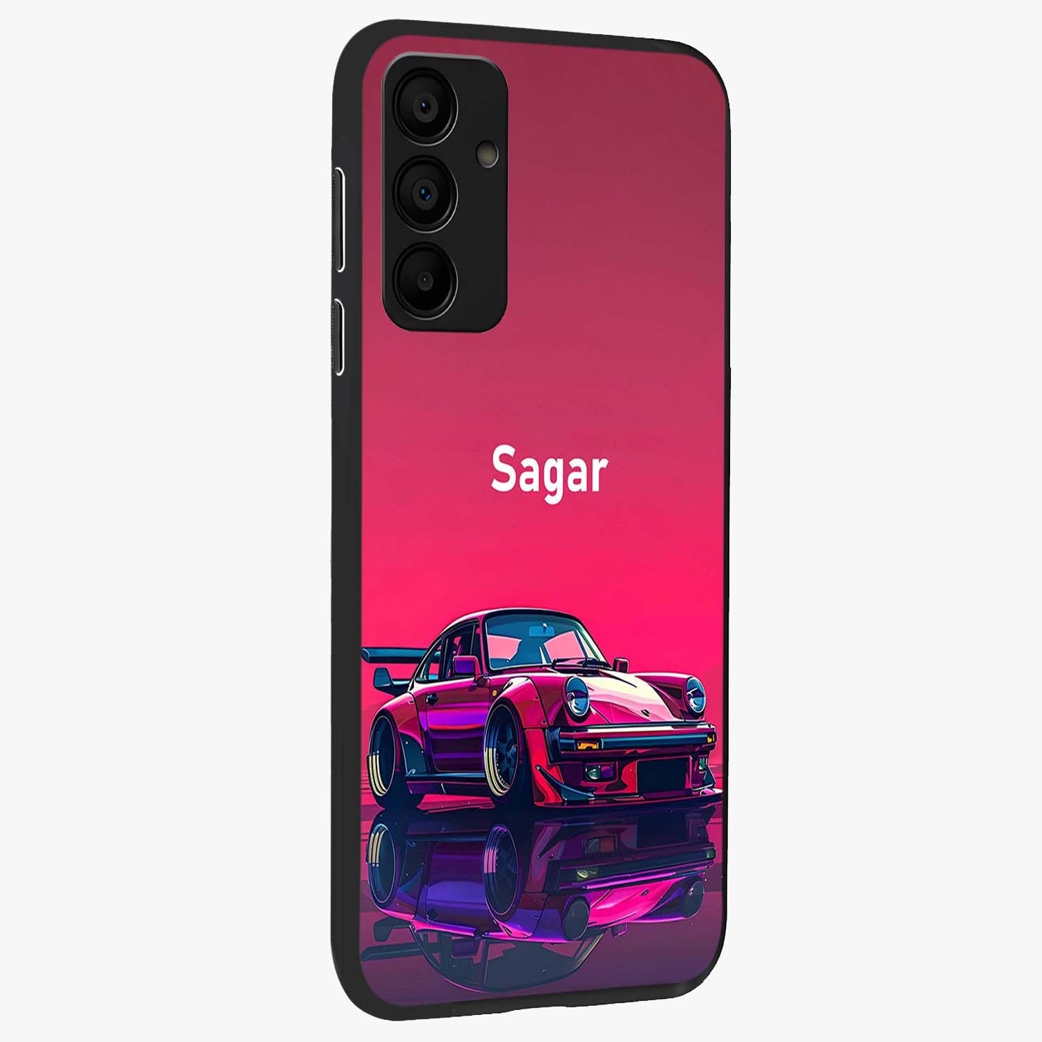 Neon Pink Porsche Glass Case upright view showcasing vibrant sports car artwork with bold automotive theme.