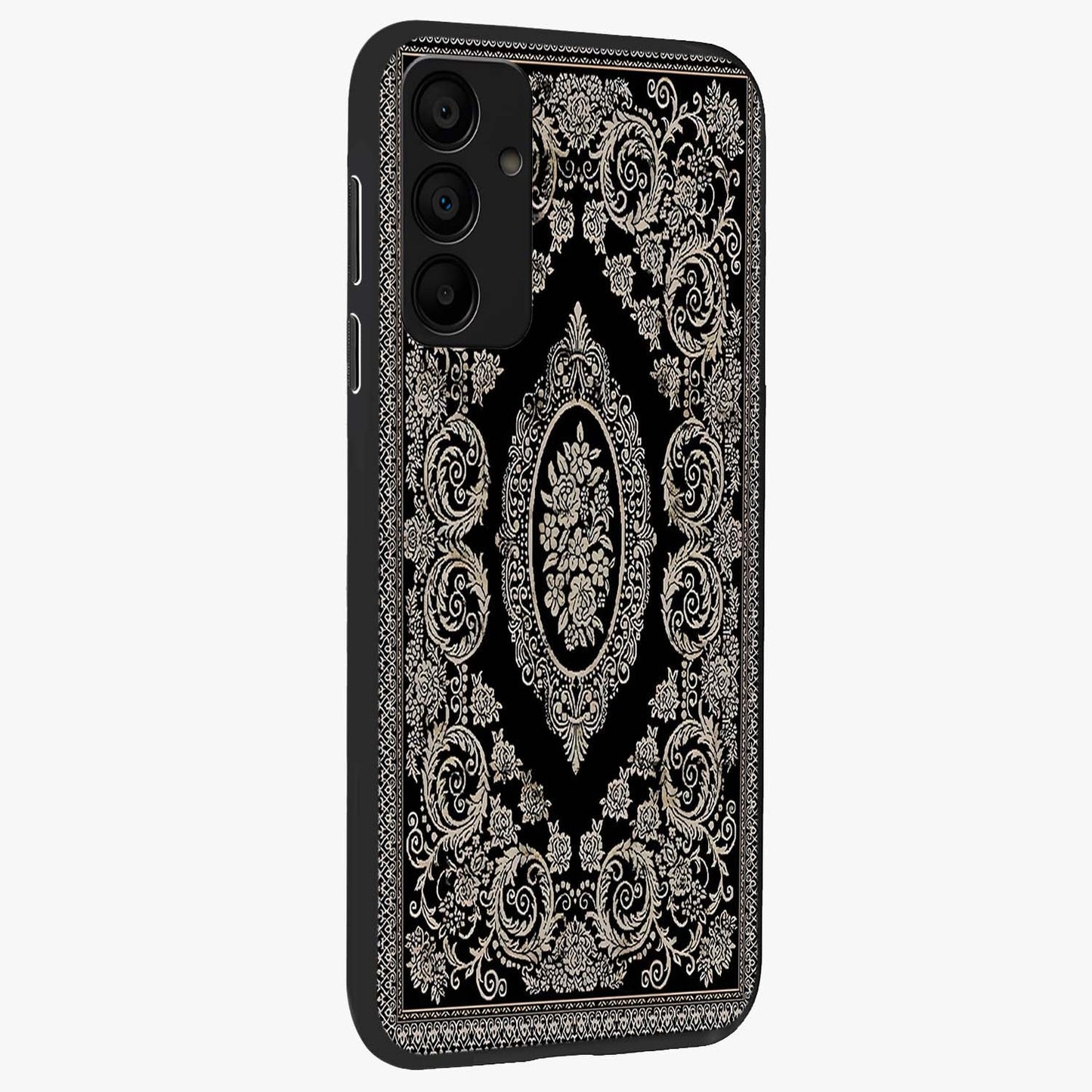 Noir Bloom Elegance Glass Case upright view showcasing graceful floral artwork with luxurious dark theme.