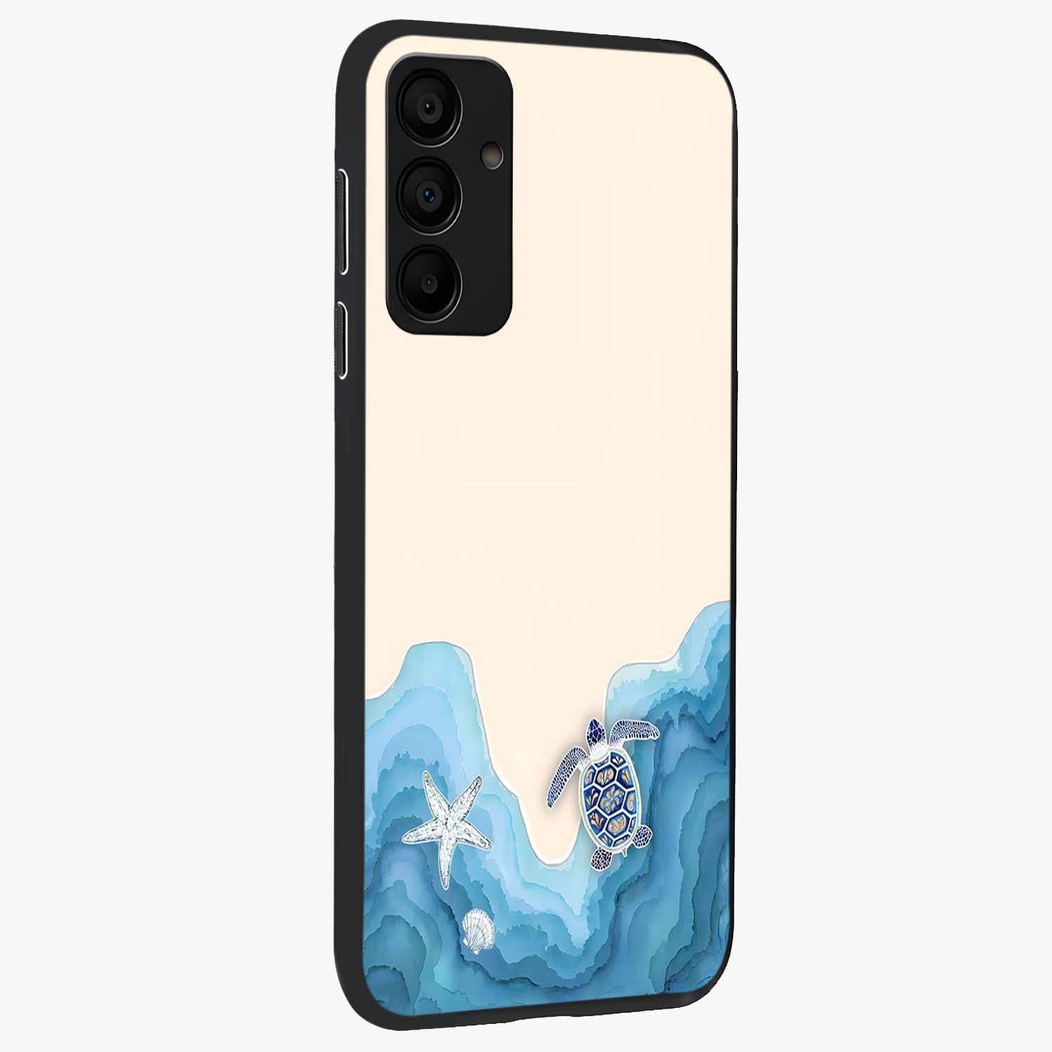 Ocean Drift Turtle Glass Case upright view showcasing calm underwater turtle artwork with nature inspired theme.