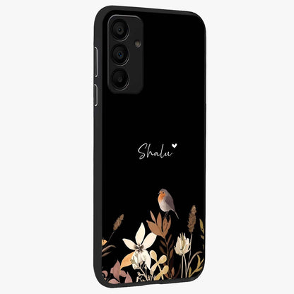 Quiet Garden Tune Custom Name Glass Case upright view showcasing serene botanical artwork with personalized aesthetic.
