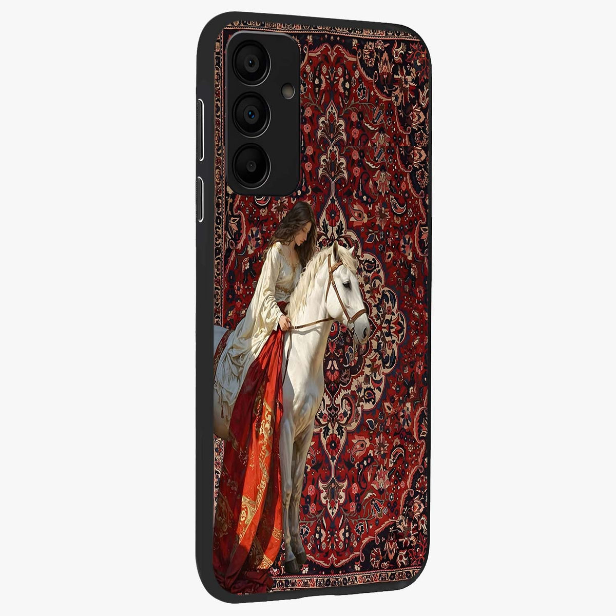 Royal Rider Tapestry Glass Case upright view showcasing detailed rider artwork with classic tapestry theme.