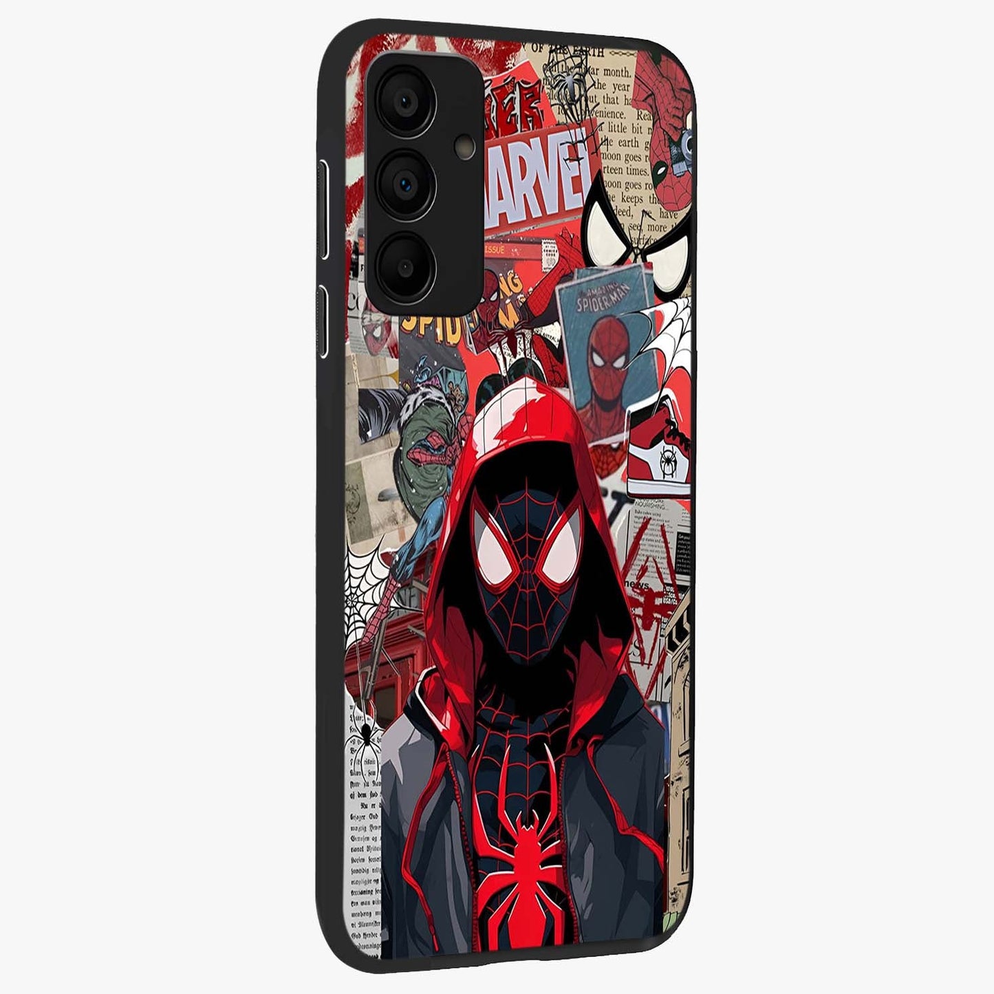Spider Collage Street Glass Case upright view showcasing bold superhero artwork with urban street theme.
