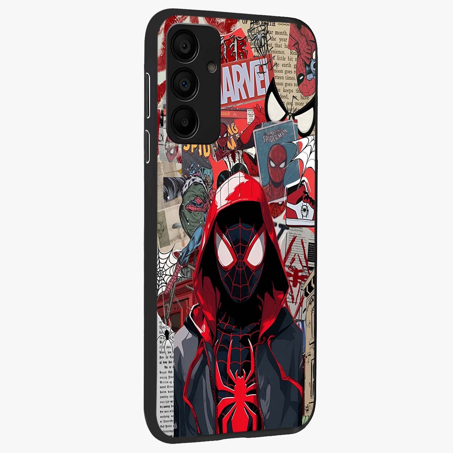 Spider Collage Street Glass Case upright view showcasing bold superhero artwork with urban street theme.