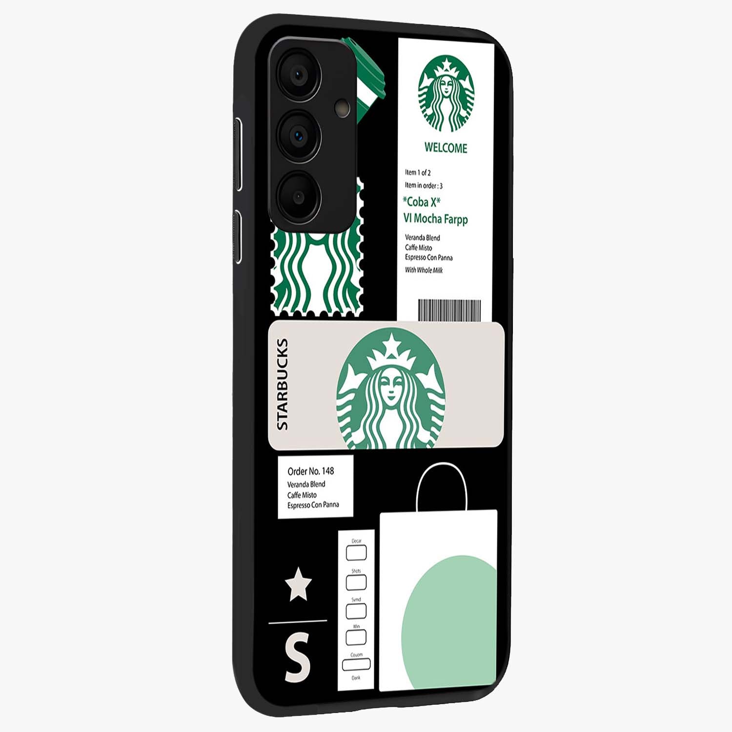 Starbucks Mocha Glass Case upright view showcasing trendy coffee inspired artwork with modern lifestyle theme.