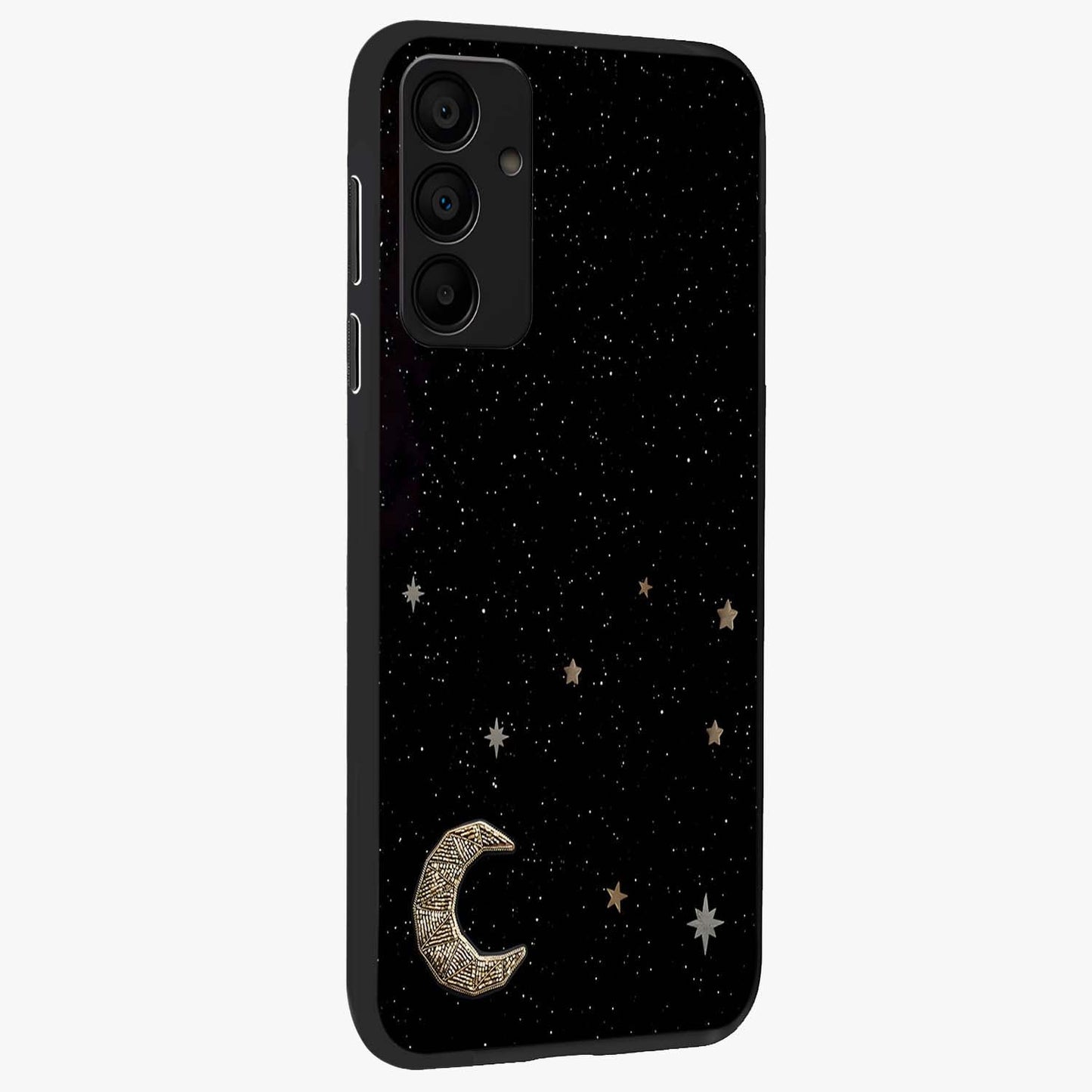 Twinkle Star With Half Moon Glass Case upright view showcasing glowing cosmic artwork with dreamy night theme.