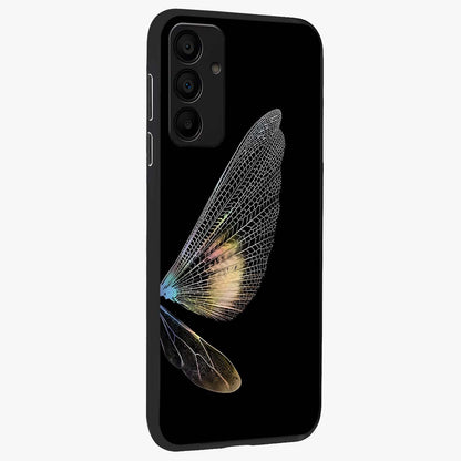 Whispers Of Wings Glass Case upright view showcasing elegant wing artwork with light airy theme.