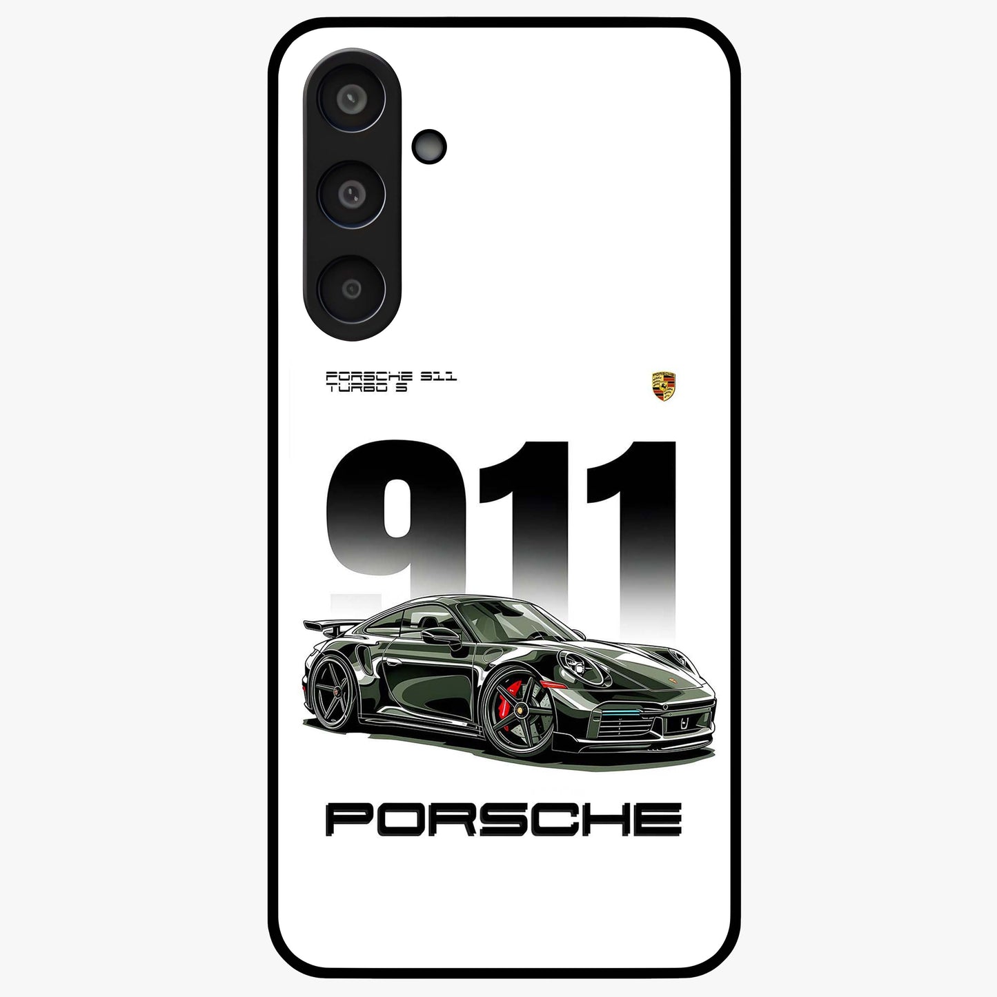 911 Turbo Dominance Glass Case showing clean flat back view with bold 911 sports car artwork and glossy glass finish.