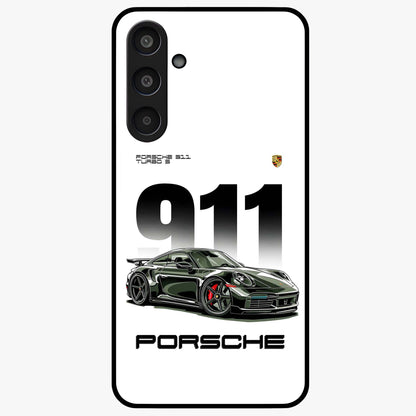 911 Turbo Dominance Glass Case showing clean flat back view with bold 911 sports car artwork and glossy glass finish.