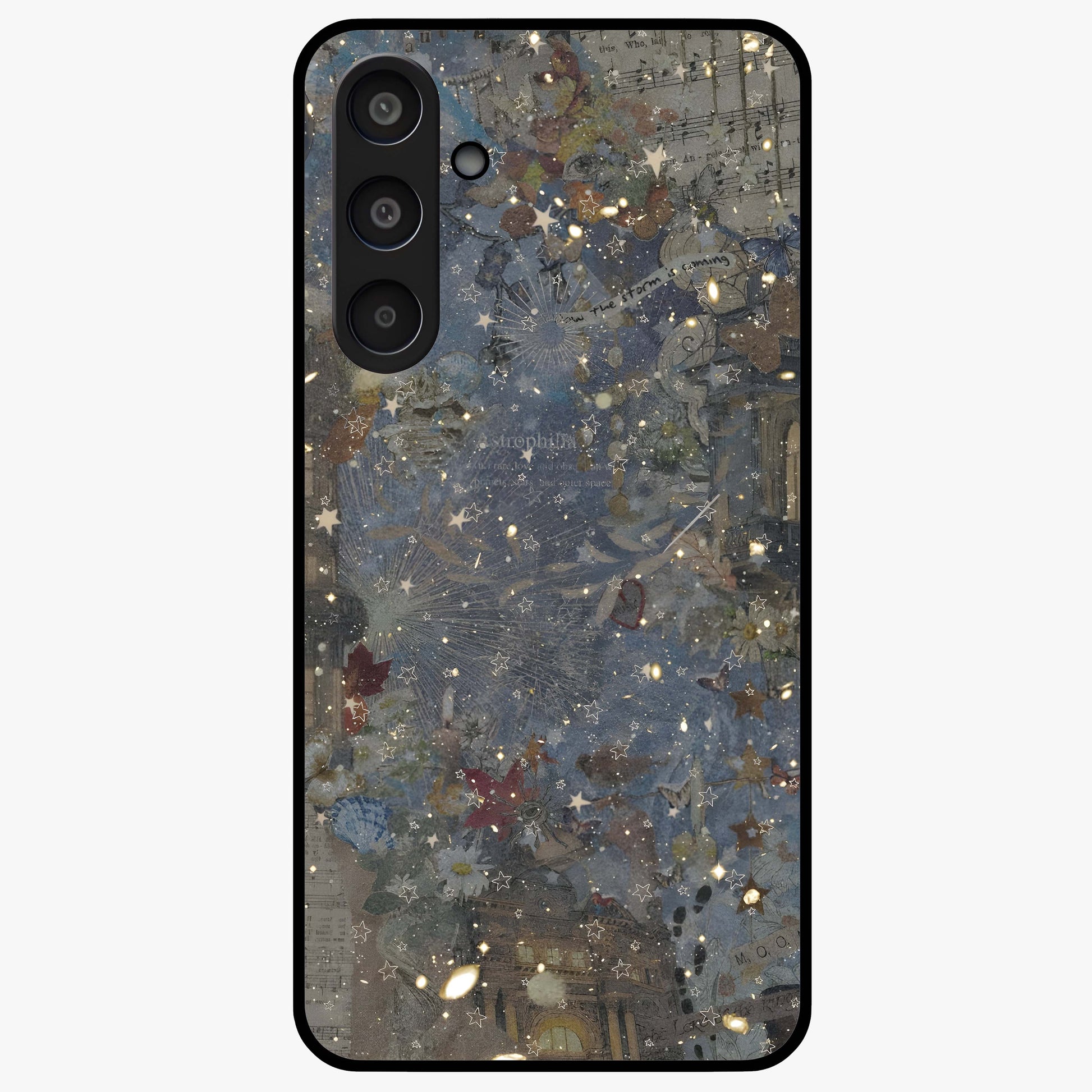 Aesthetic Astrolophia Glass Case showing flat back view with dreamy aesthetic design and glossy glass finish.
