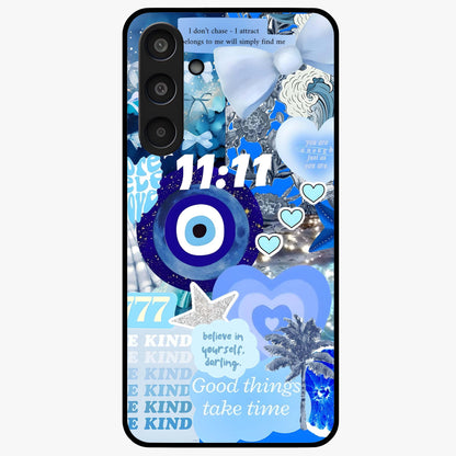Aesthetic Be Kind Eye Glass Case showing flat back view with motivational eye artwork and glossy glass finish.