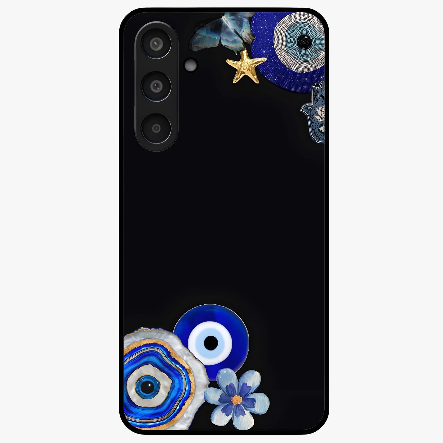 Aesthetic Blue Evil Eye Glass Case showing flat back view with protective evil eye artwork and glossy glass finish.