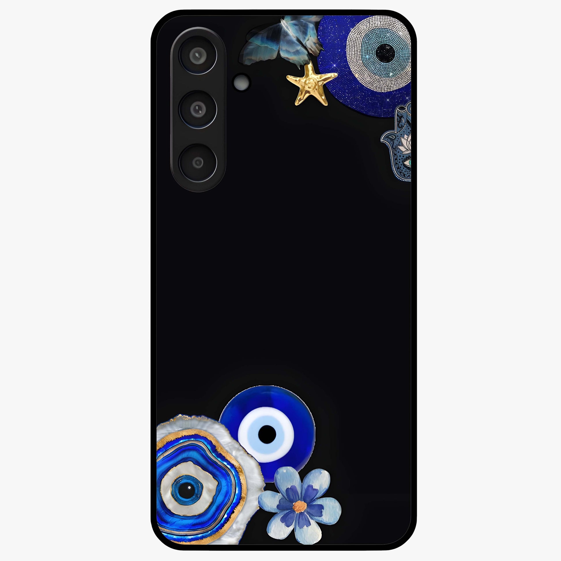 Aesthetic Blue Evil Eye Glass Case showing flat back view with protective evil eye artwork and glossy glass finish.