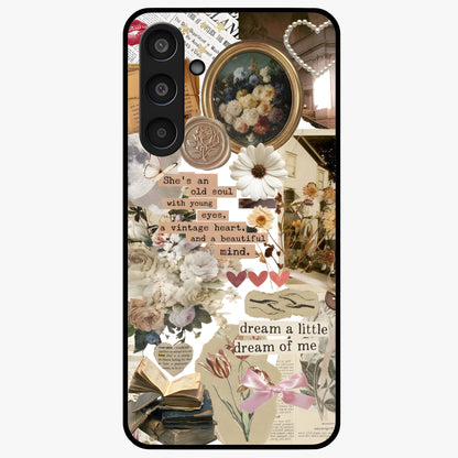 Aesthetic Brown Vintage Collage Glass Case showing flat back view with retro collage artwork and glossy glass finish.