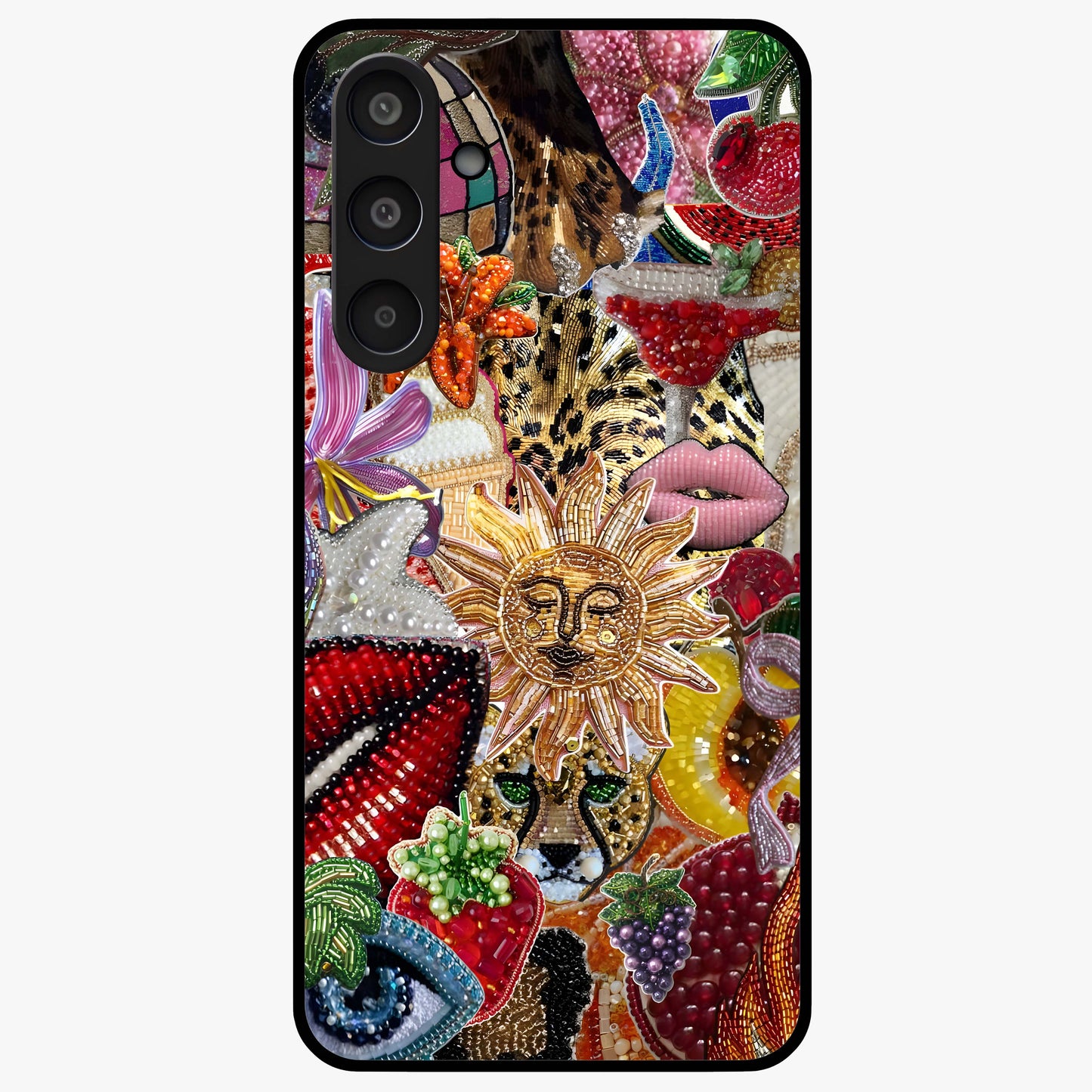 Beaded Fashion Jungle Glass Case showing flat back view with vibrant jungle inspired bead artwork and glossy glass finish.