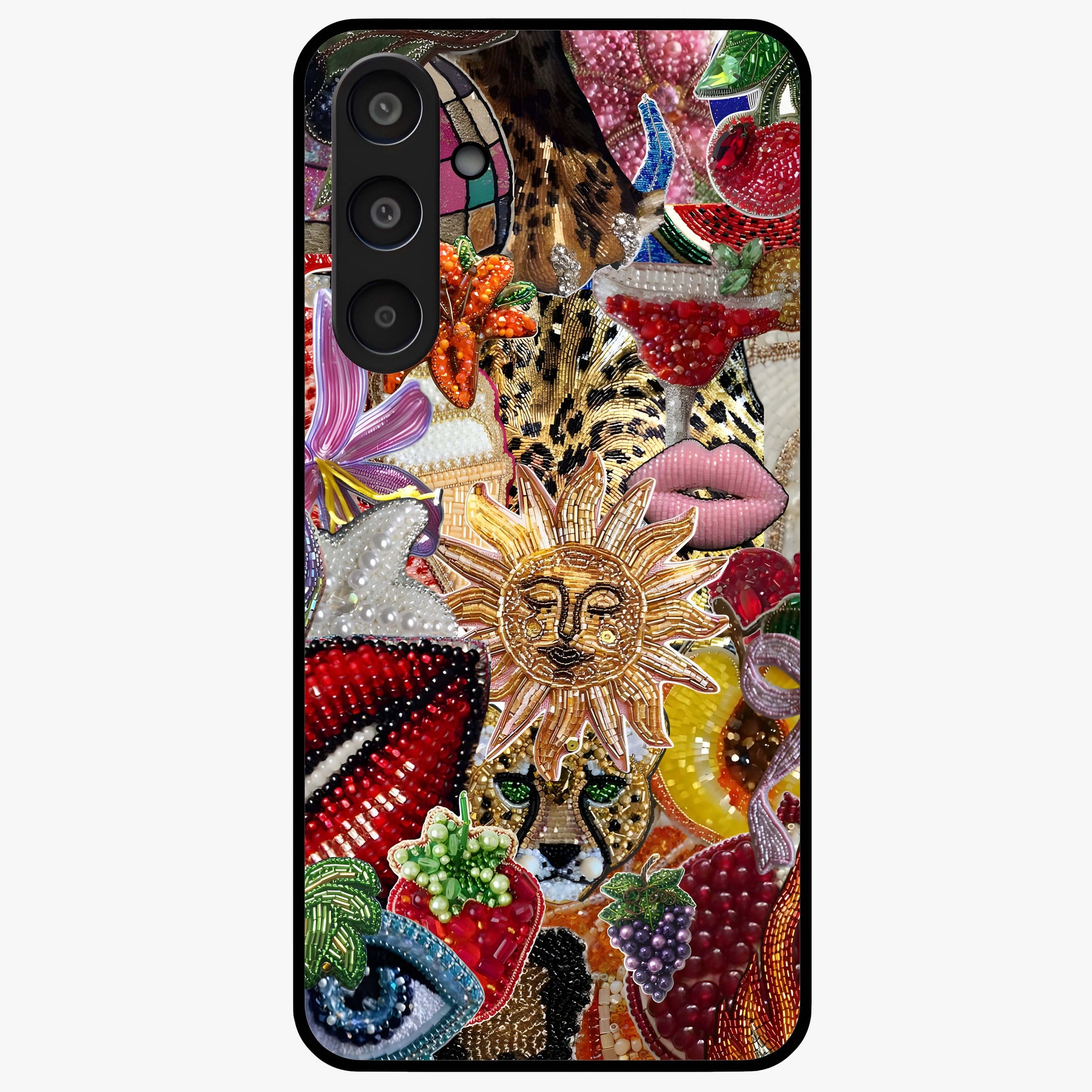 Beaded Fashion Jungle Glass Case showing flat back view with vibrant jungle inspired bead artwork and glossy glass finish.