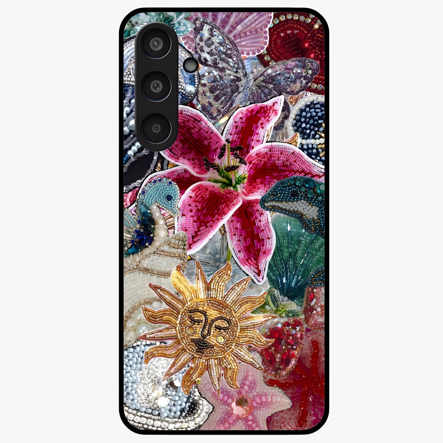 Beaded Garden Fantasy Glass Case showing flat back view with dreamy garden bead artwork and glossy glass finish.