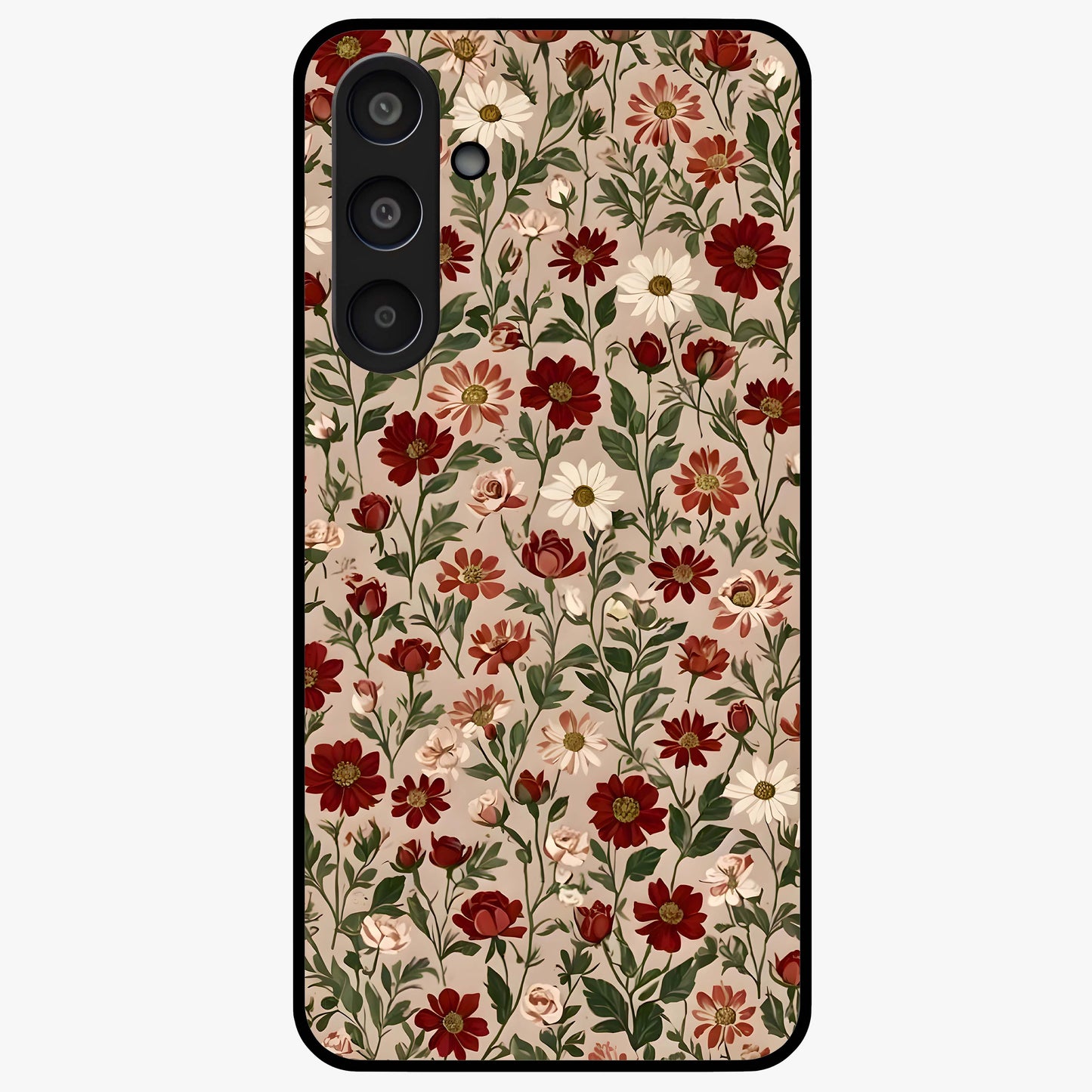 Biege Flower With Leaf Glass Case showing flat back view with soft beige floral artwork and glossy glass finish.
