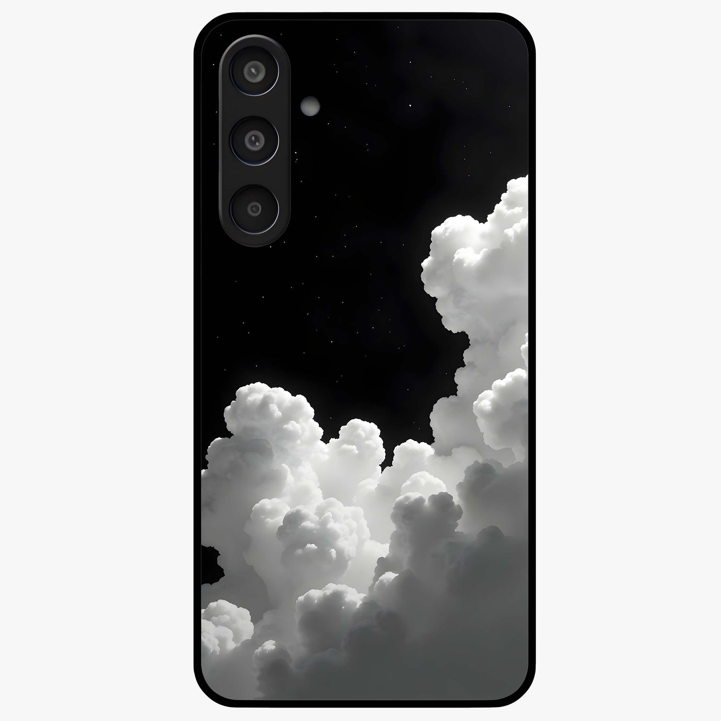 Black Background With White Cloud Glass Case showing flat back view with minimal cloud artwork on dark background and glossy glass finish.