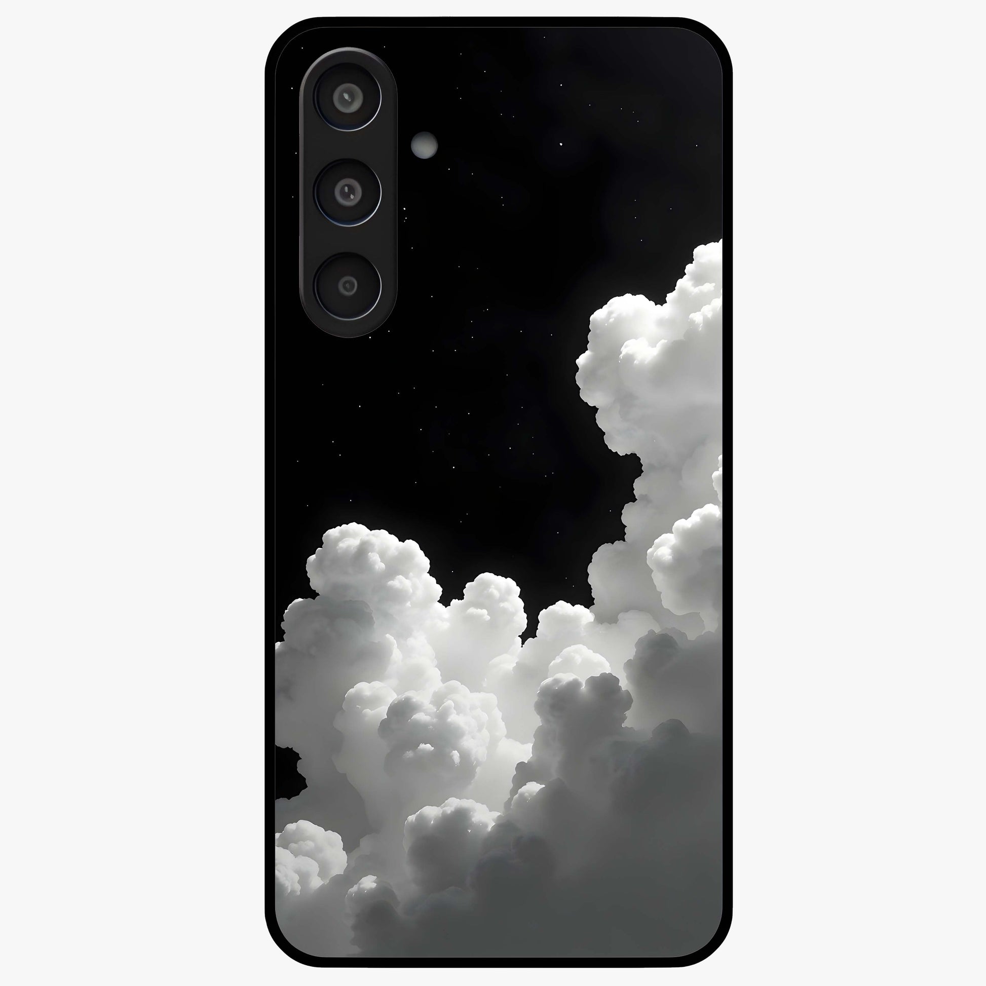 Black Background With White Cloud Glass Case showing flat back view with minimal cloud artwork on dark background and glossy glass finish.