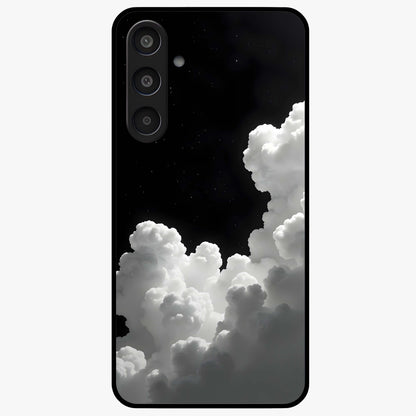 Black Background With White Cloud Glass Case showing flat back view with minimal cloud artwork on dark background and glossy glass finish.