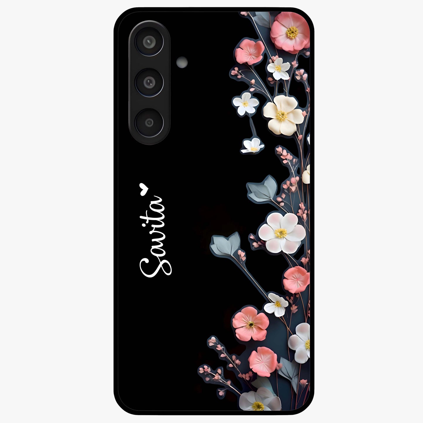 Black Elegance Floral Custom Name Glass Case showing flat back view with elegant floral artwork and personalized name design.