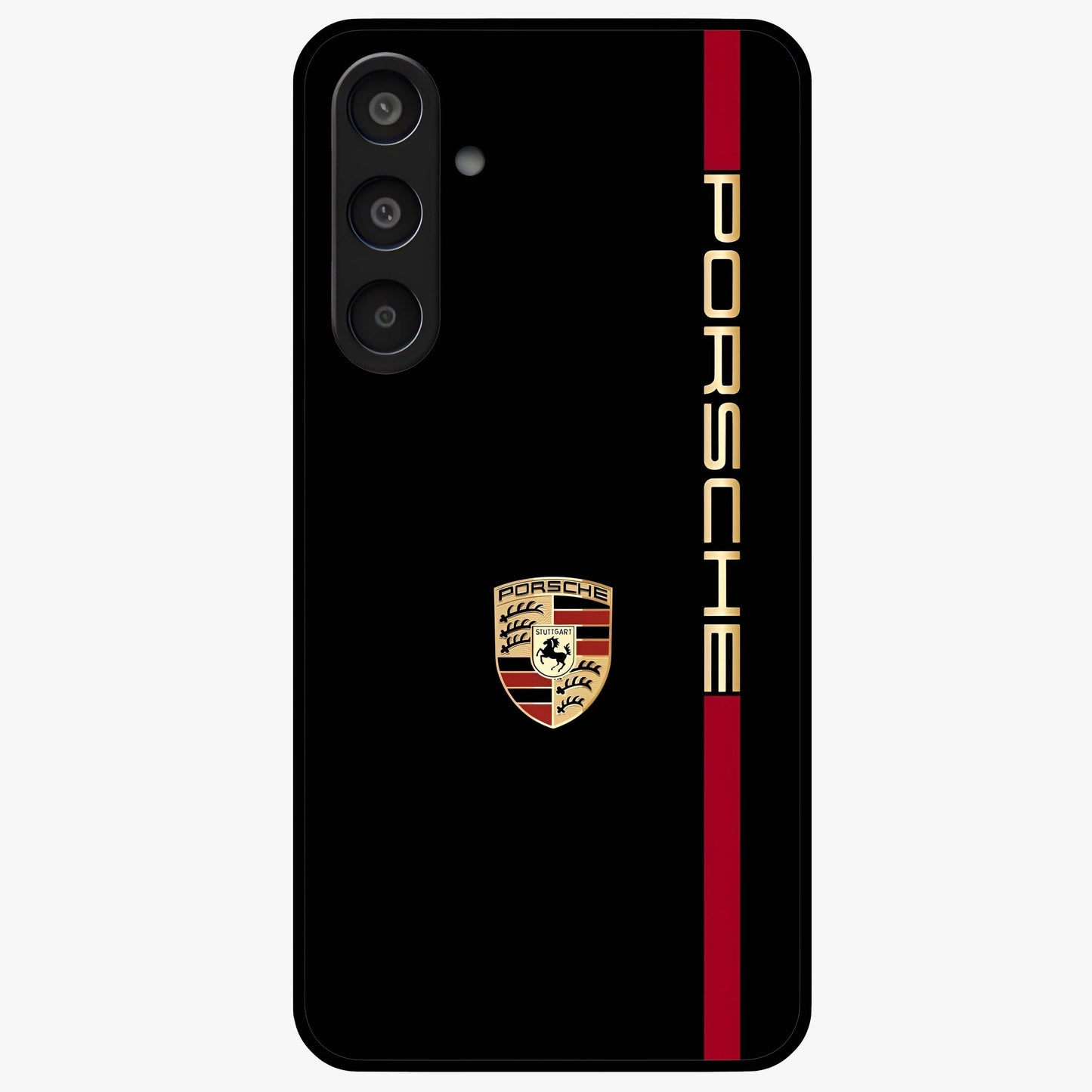 Black Minimal Porsche Glass Case showing flat back view with sleek minimal sports car artwork and glossy glass finish.