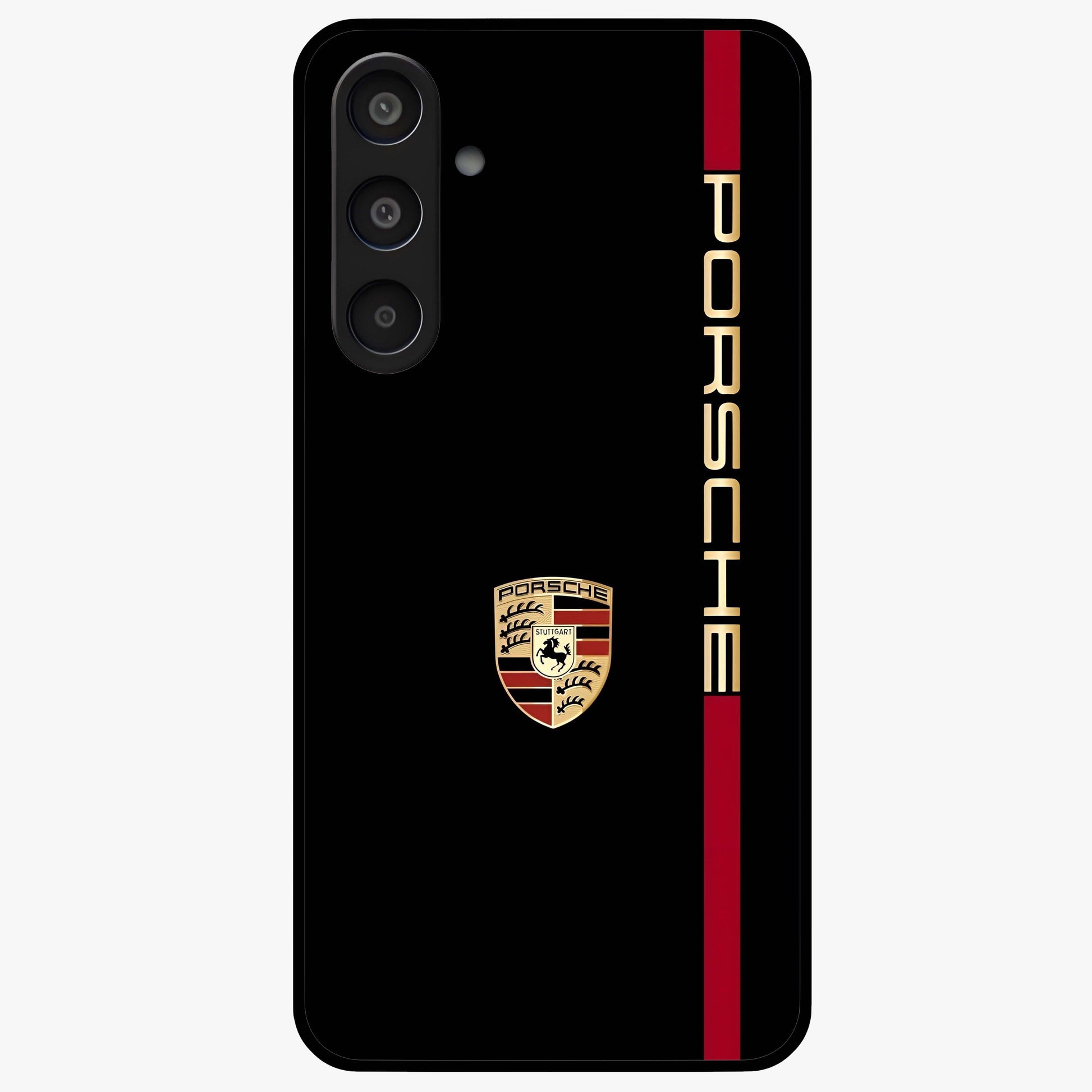 Black Minimal Porsche Glass Case showing flat back view with sleek minimal sports car artwork and glossy glass finish.