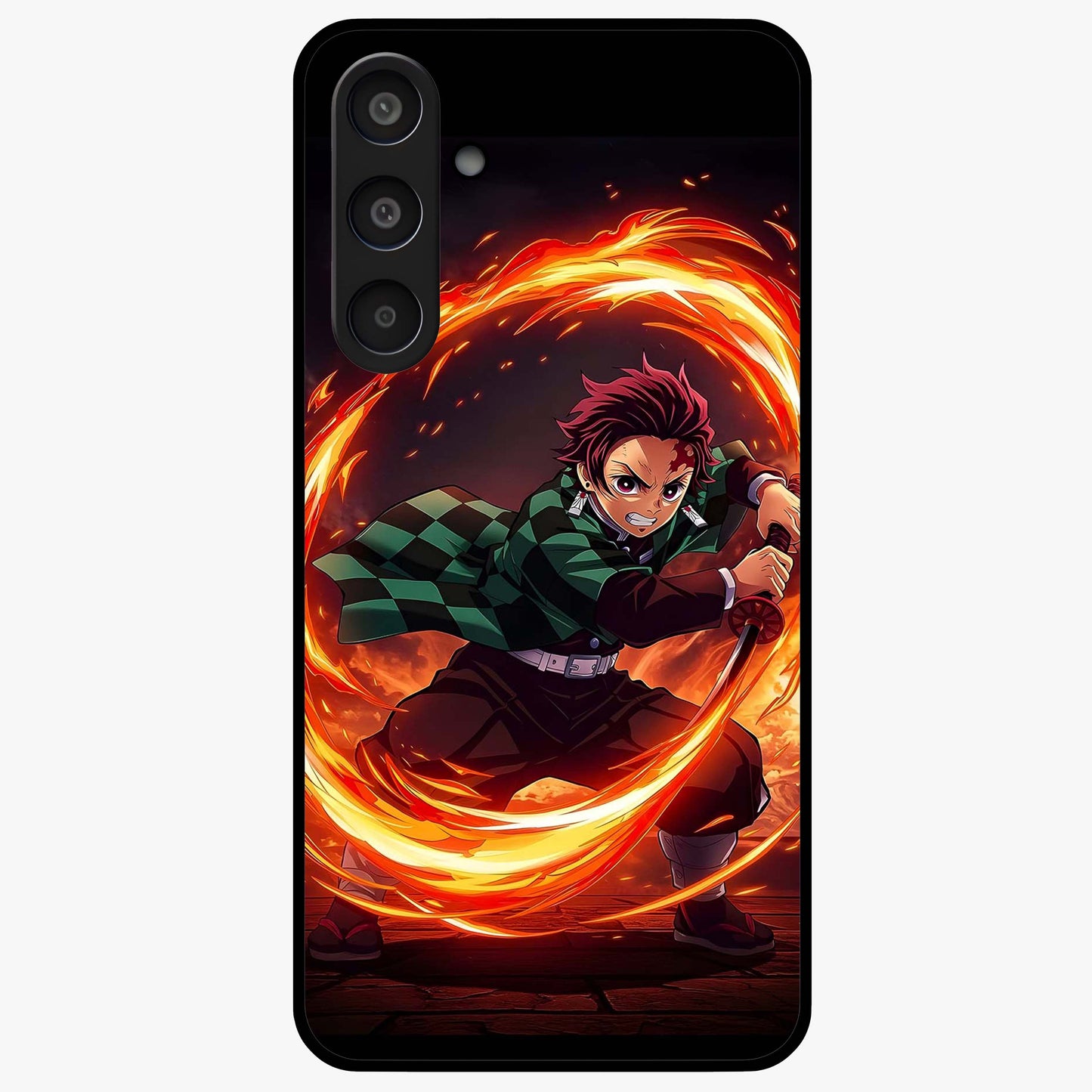 Blazing Sword Resolve Glass Case showing flat back view with fiery sword artwork and glossy glass finish.