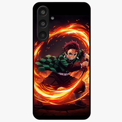 Blazing Sword Resolve Glass Case showing flat back view with fiery sword artwork and glossy glass finish.