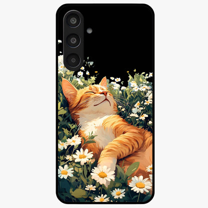 Blissful Bloom Cat Glass Case showing flat back view with cute cat and floral bloom artwork and glossy glass finish.