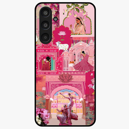 Blossoms of Rajasthan Glass Case showing flat back view with traditional floral artwork inspired by Rajasthan and glossy glass finish.