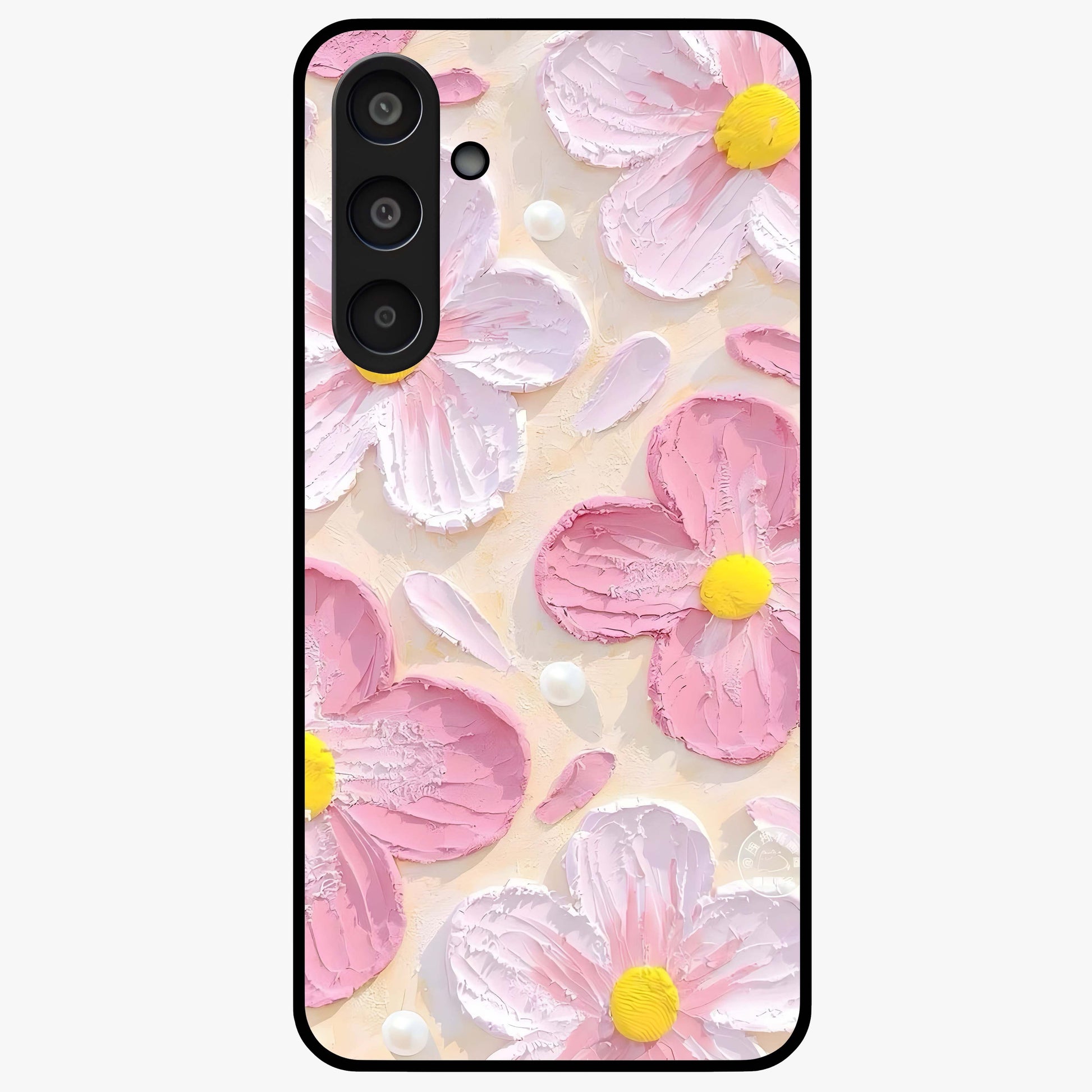 Blush Bloom Texture Glass Case showing flat back view with soft blush floral texture artwork and glossy glass finish.