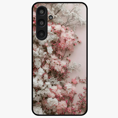 Blush Blossom Cloud Glass Case showing flat back view with dreamy blush cloud blossom artwork and glossy glass finish.
