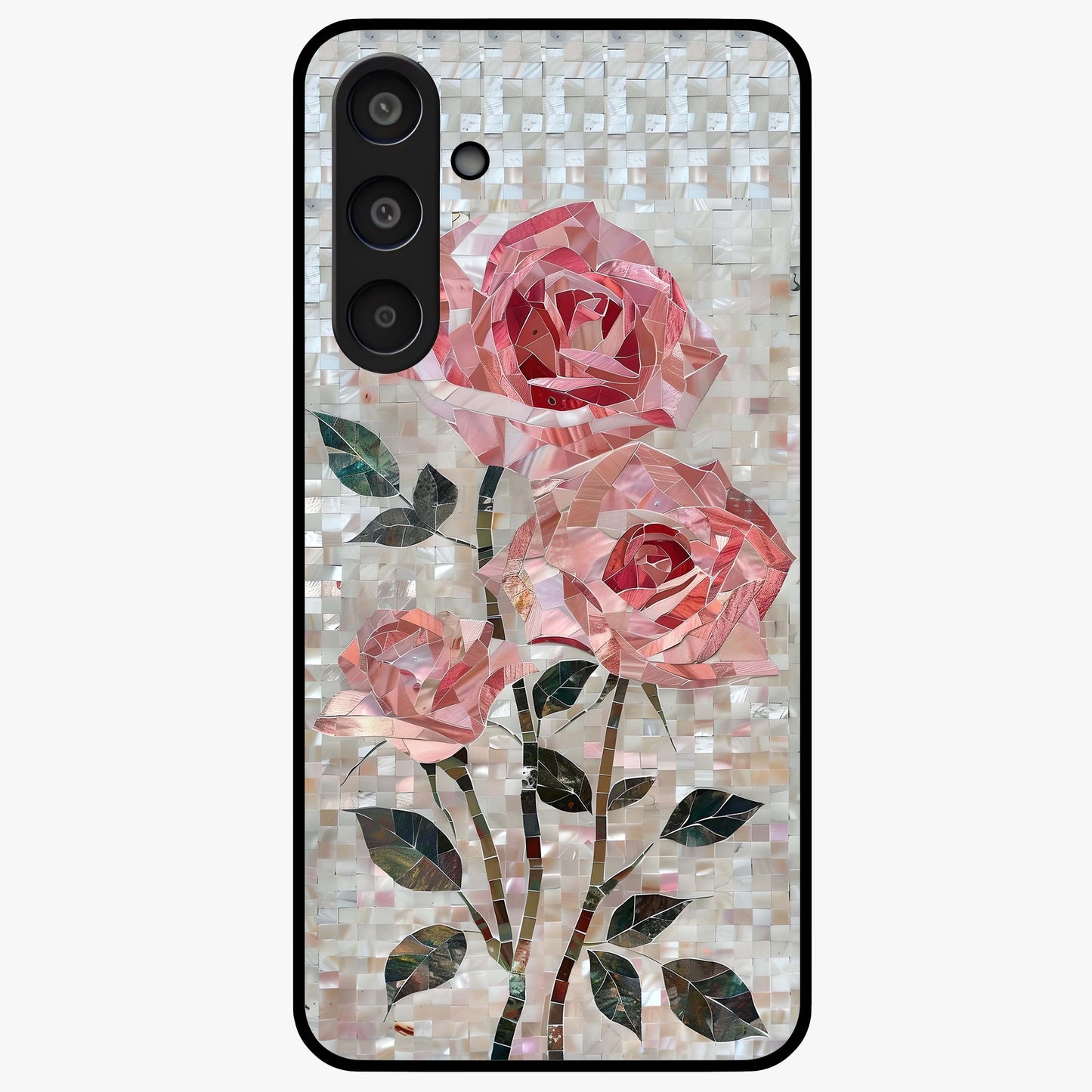Blush Mosaic Bloom Glass Case showing flat back view with mosaic floral bloom artwork and glossy glass finish.