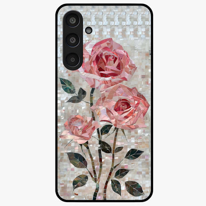 Blush Mosaic Bloom Glass Case showing flat back view with mosaic floral bloom artwork and glossy glass finish.