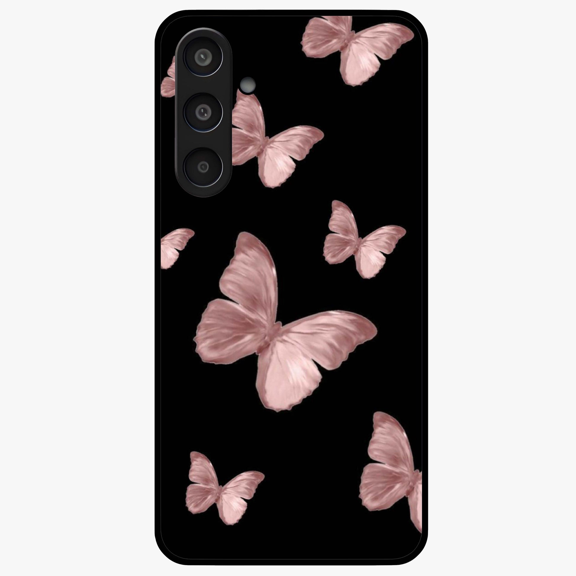 Butterfly Pattern Glass Case showing flat back view with elegant butterfly pattern artwork and glossy glass finish.