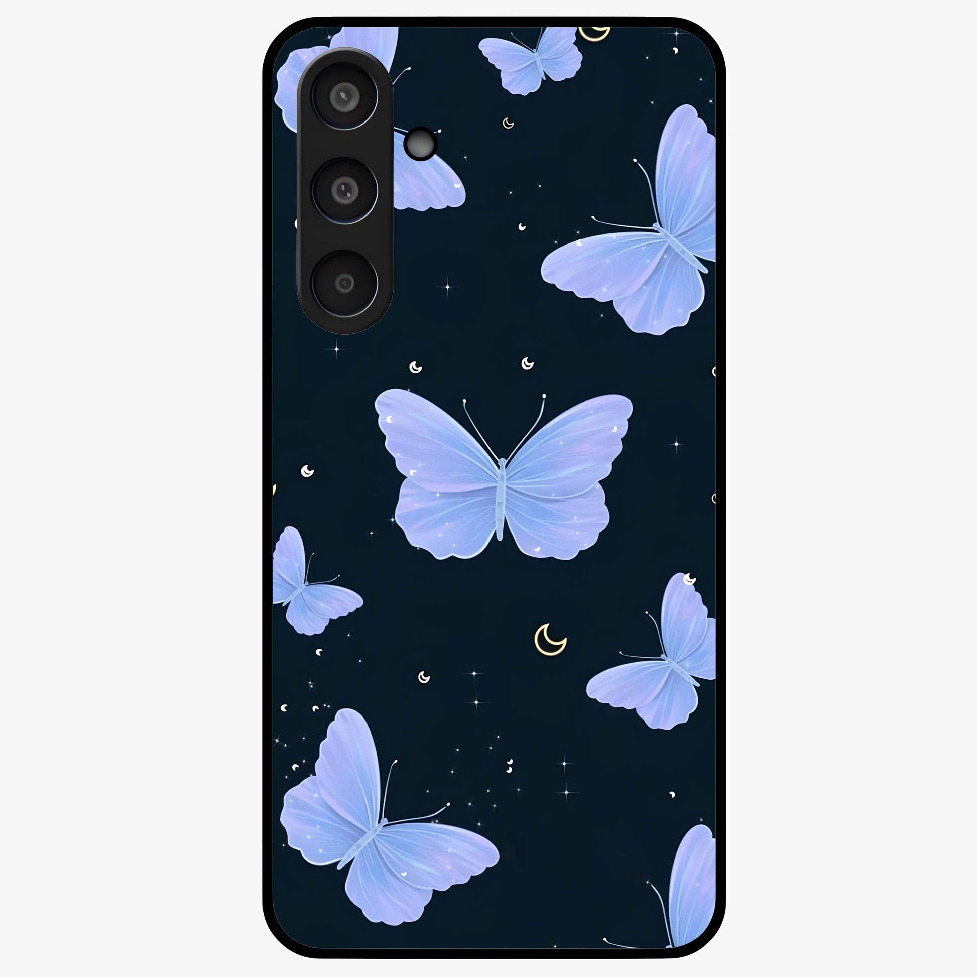 Butterfly With Stars Pattern Glass Case showing flat back view with butterfly and star pattern artwork and glossy glass finish.