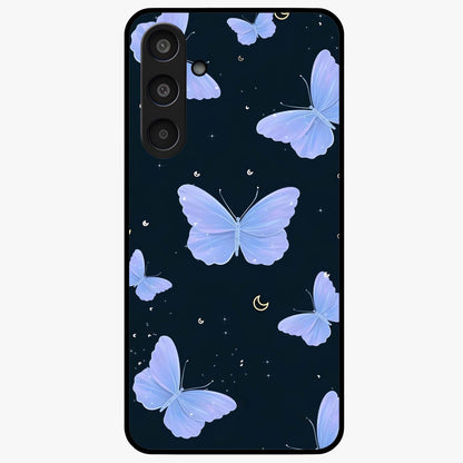 Butterfly With Stars Pattern Glass Case showing flat back view with butterfly and star pattern artwork and glossy glass finish.