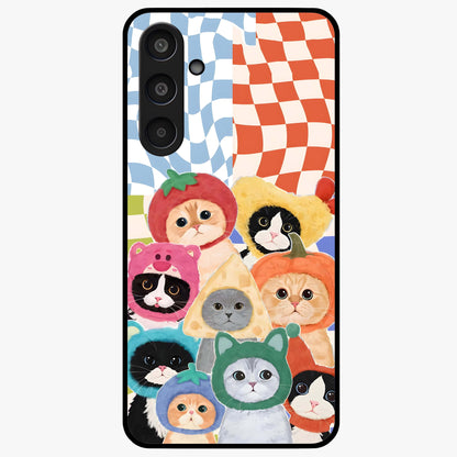 Cats in Fruits Glass Case showing flat back view with playful cat illustrations inside fruit artwork and glossy glass finish.