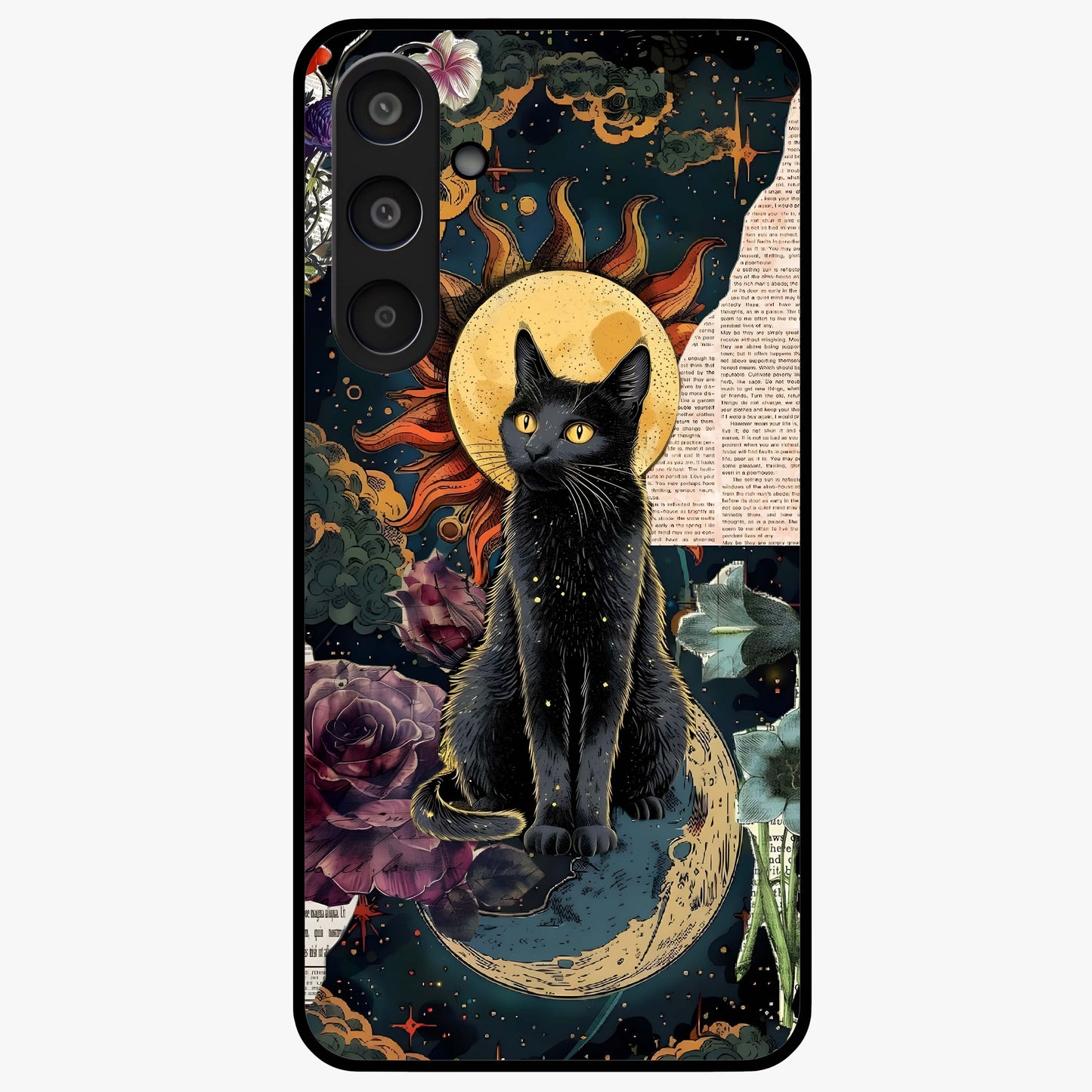 Celestial Black Cat Glass Case showing flat back view with mystical black cat artwork and glossy glass finish.