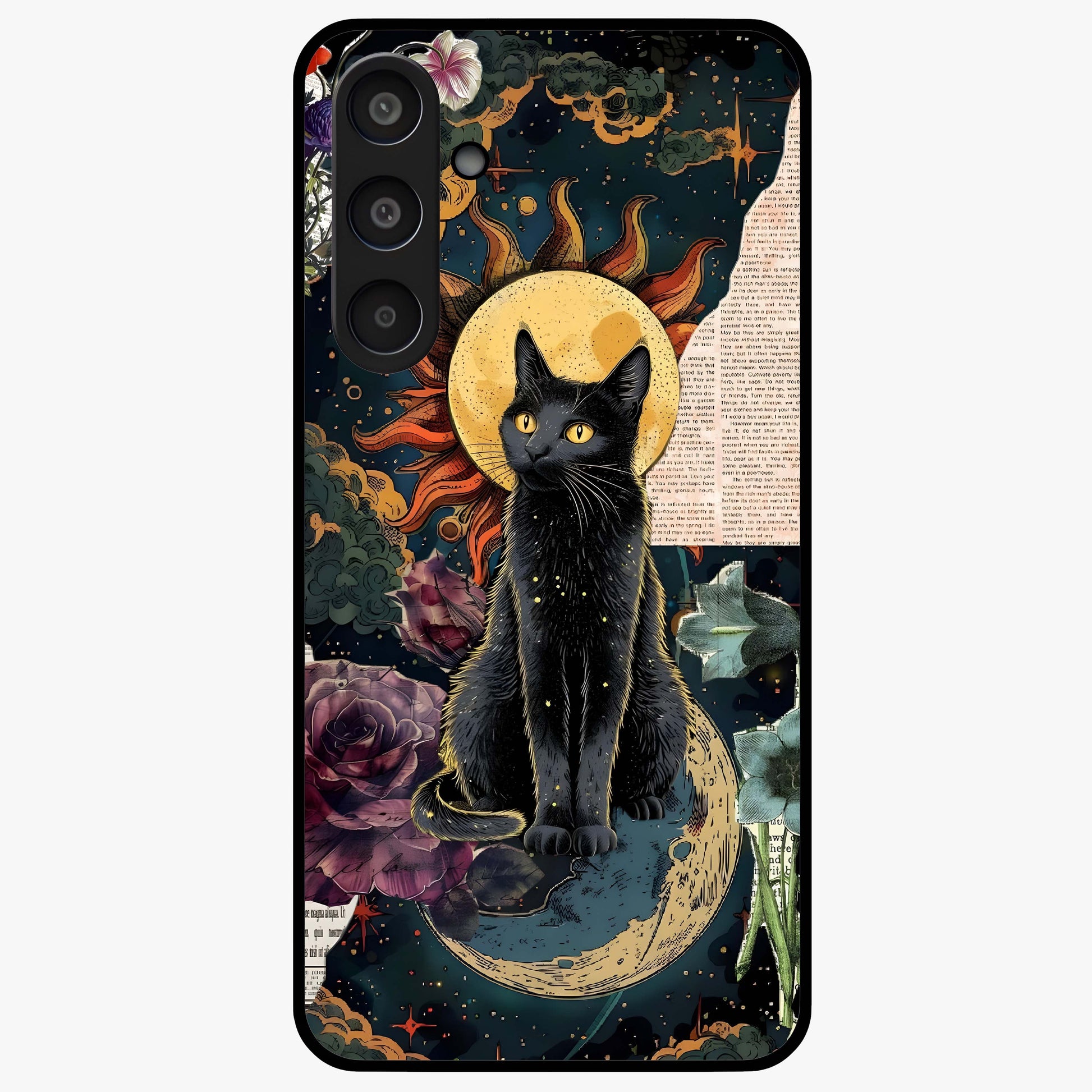 Celestial Black Cat Glass Case showing flat back view with mystical black cat artwork and glossy glass finish.