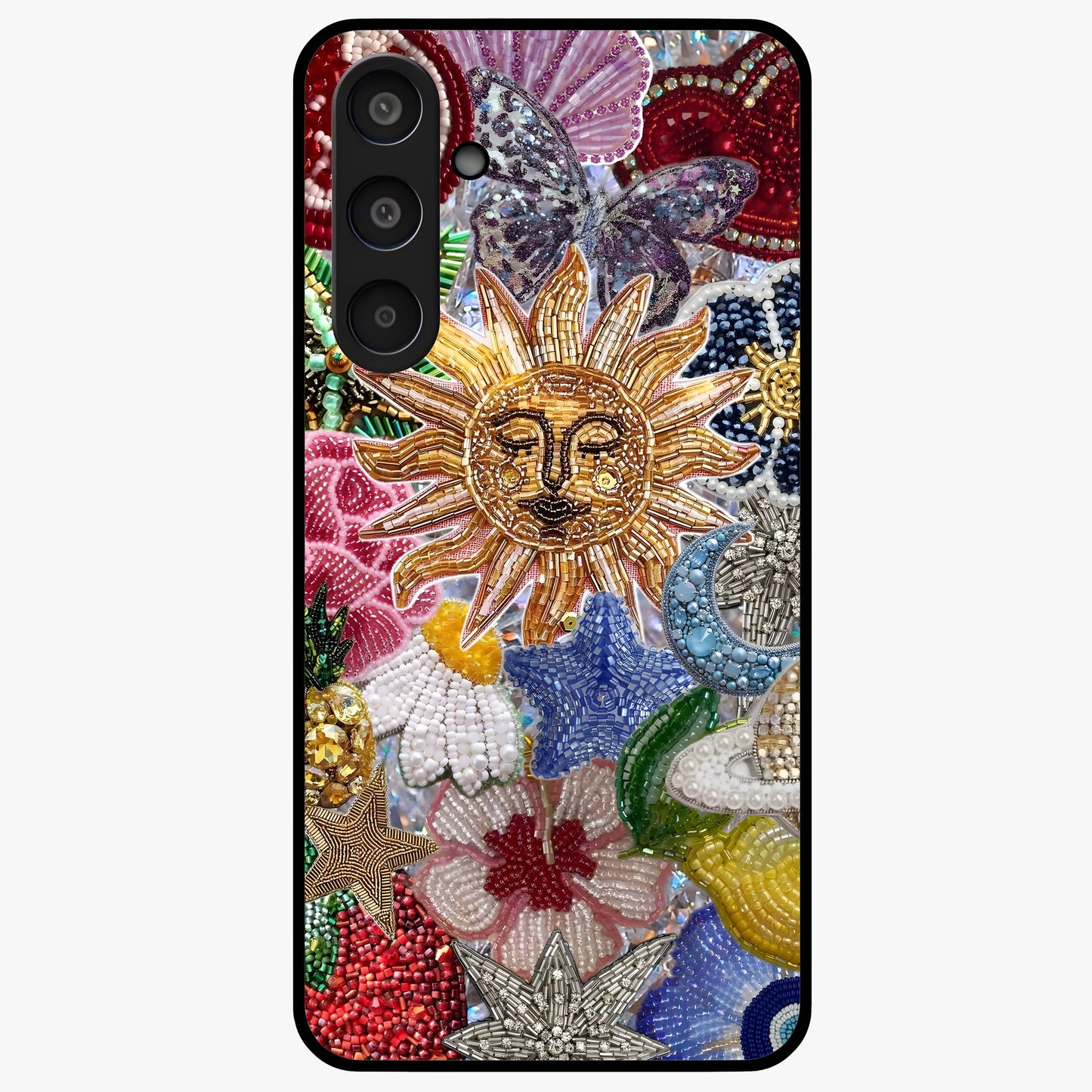 Celestial Floral and Playful Glass Case showing flat back view with floral and celestial themed artwork and glossy glass finish.